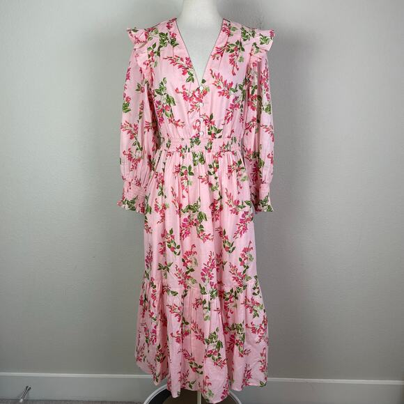 Banjanan Peach PInk Floral Ruffle Long Sleeve Maxi Cottage Dress Large - Picture 2 of 9